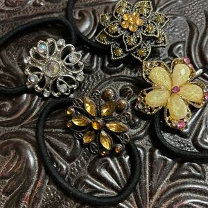Elegant Floral Hair Ties Set - Black, Gold, Silver One Can Be Worn As A Pin